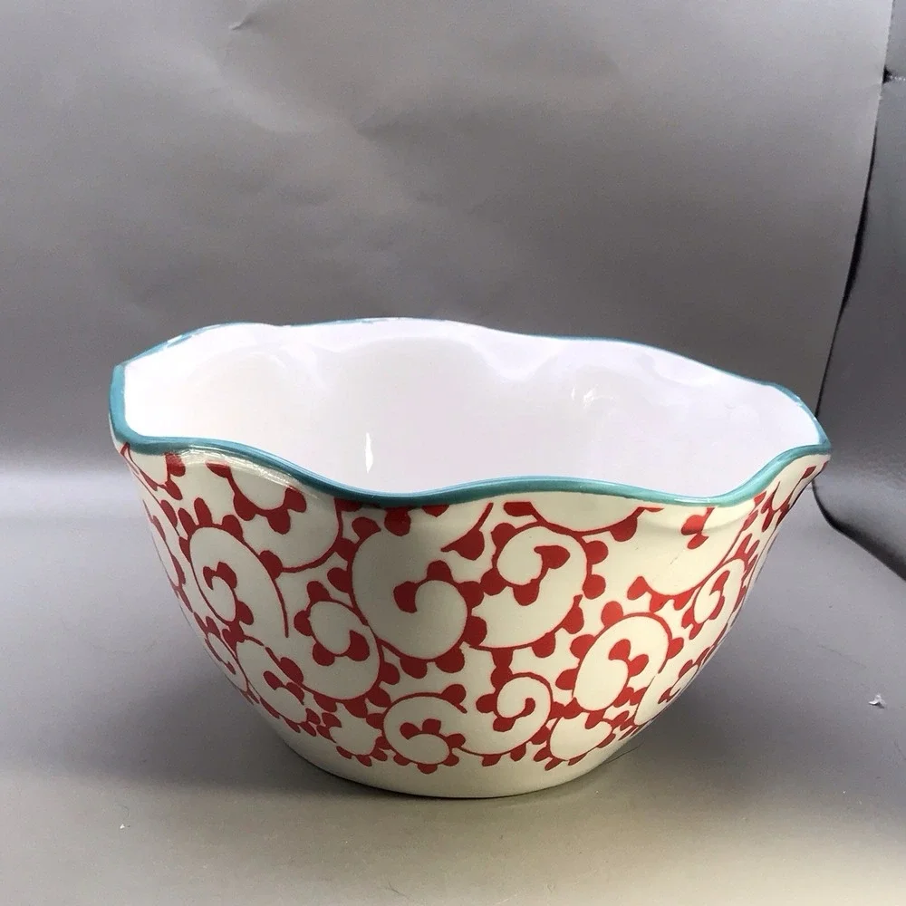 Pioneer‎ Woman Ceramic Red Swirl and Turquoise Bowl Dish 7.5 Inch Diameter